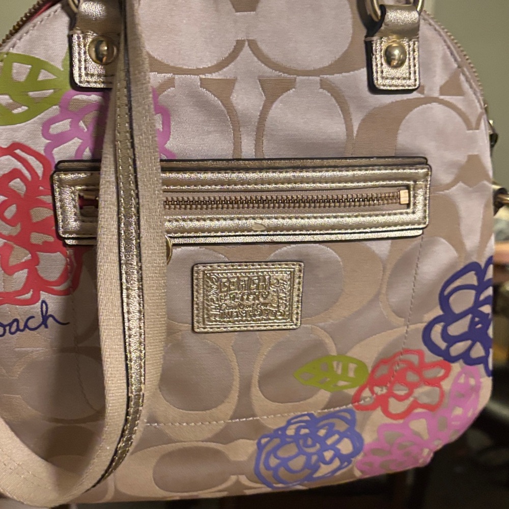 Coach Beige Signature Crossbody Bag with Gold Trim and Multicolor Floral Accents